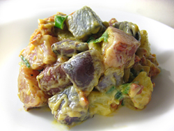 Pink and Purple Potato Salad with Garlic Aioli and Chorizo