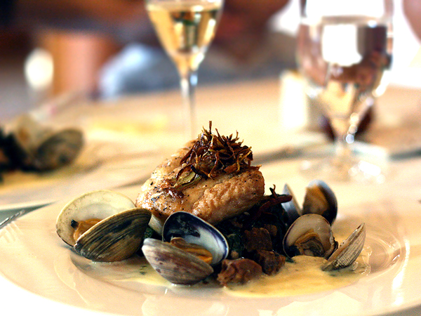 Pelican Hill, Newport Coast - seabass and clams with Berkshire pork