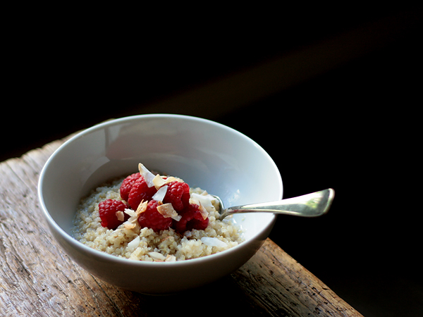 Coconut Quinoa Pudding with Raspberries, toasted coconut