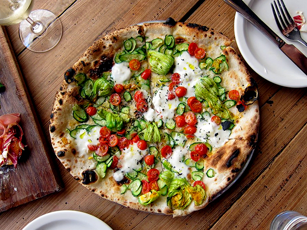 Gjelina, Venice - cherry tomato, squash blossom, burrata pizza