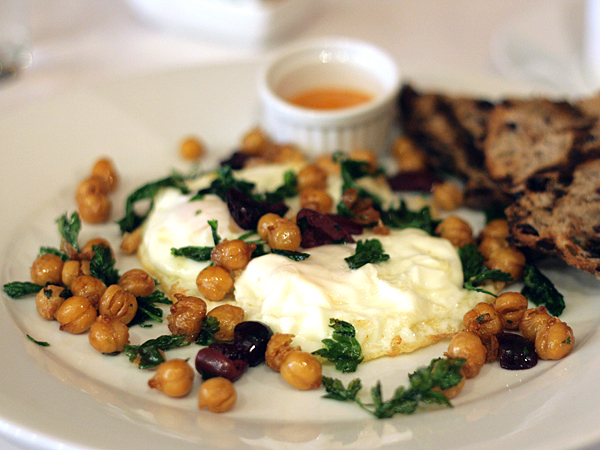 Ammo - Olive Oil fried eggs with fried chickepeas, harissa, yogurt and olive bread