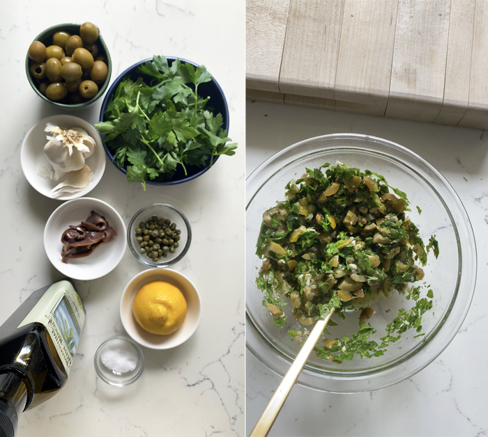 green olive salsa verde ingredients in mixing bowl