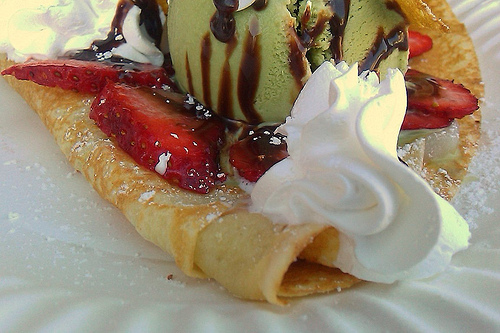 Crepe with Green Tea Ice Cream, Strawberries and Whipped Cream