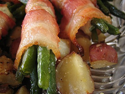 bacon wrapped green beans and garlic herb roasted potatoes
