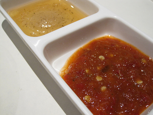 Surah Korean Restaurant: salt in sesame oil and spicy dipping sauce for cha dohl bae ghee