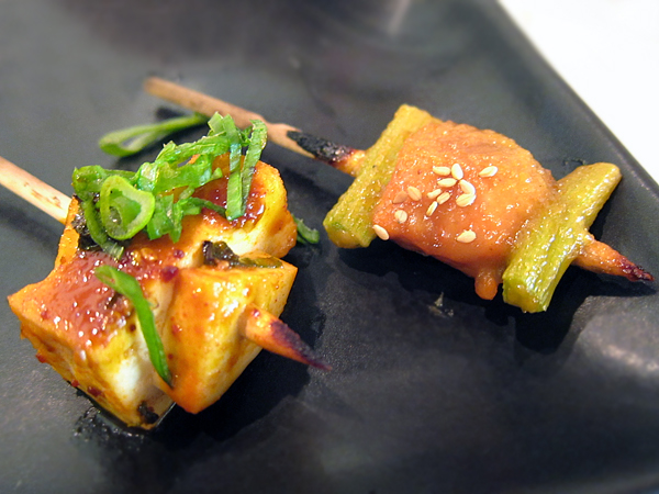 Korean Fusion Food - Tofu Eggplant and Salmon Skewers