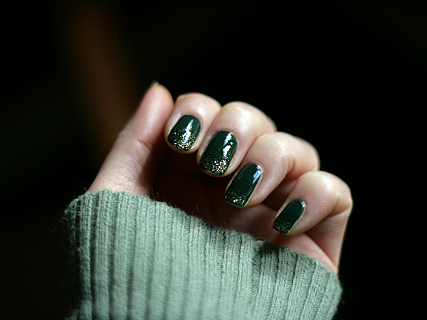 green nail polish gold glitter tips mani