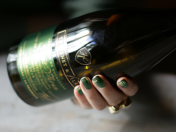thevenet saint veran wine, green nail polish gold glitter tips mani