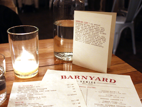 Barnyard restaurant, Venice CA - menus