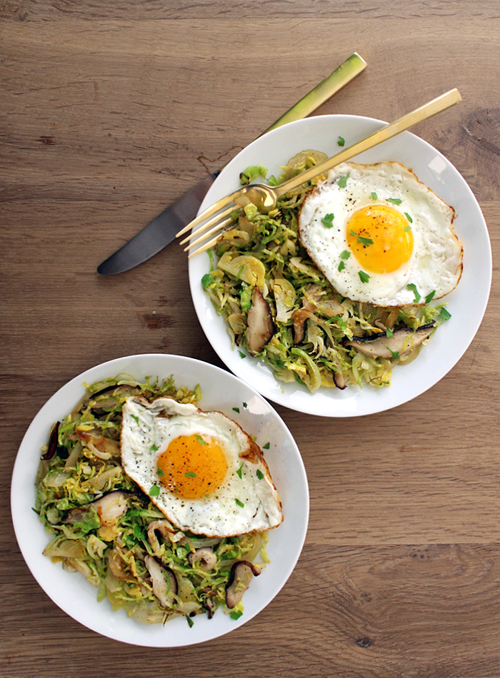 brussels sprouts hash with shiitake bacon and eggs