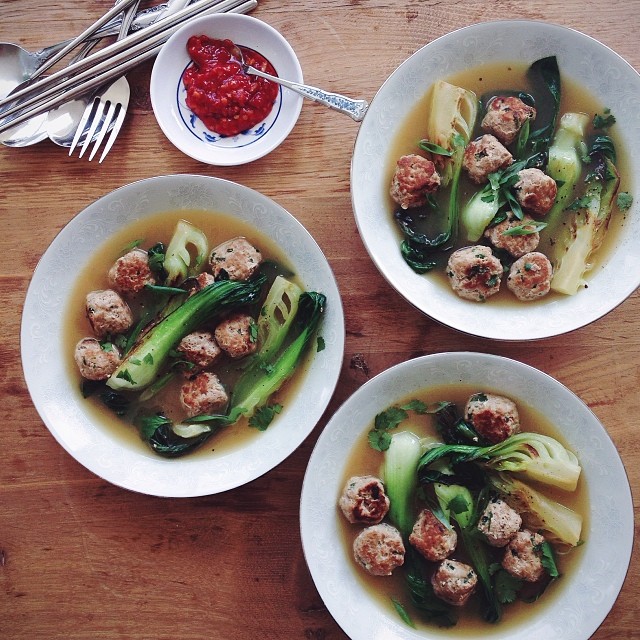 balls out. seared baby bok choy + ginger scallion meatballs + roast chicken stock.