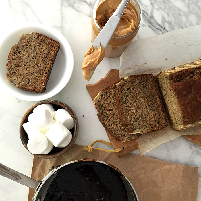 banana bread, cooks illustrated recipe, with peanut butter and marshmallows