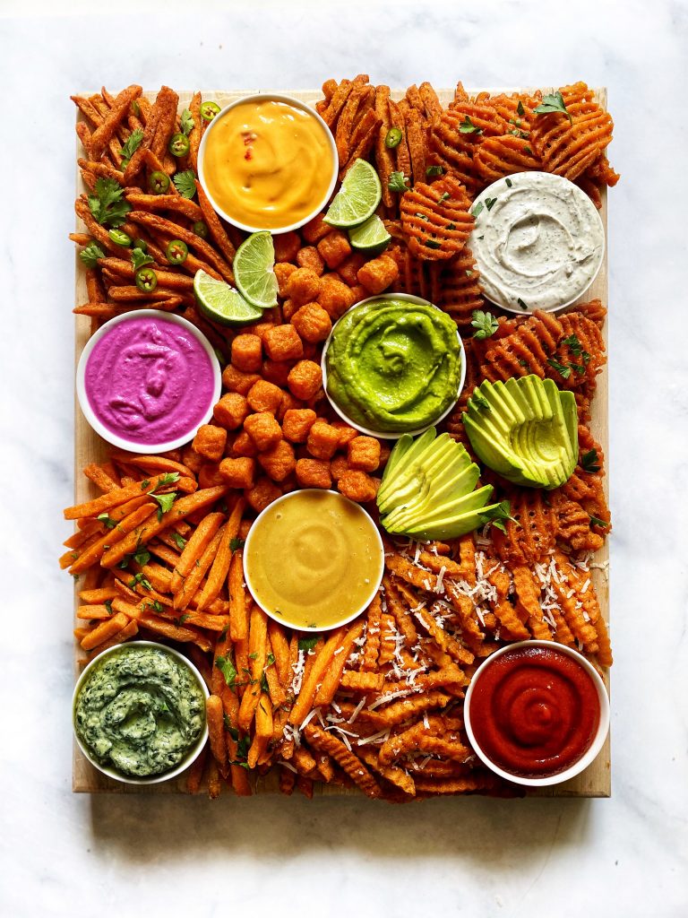 french fry board with different kinds of sweet potato fries