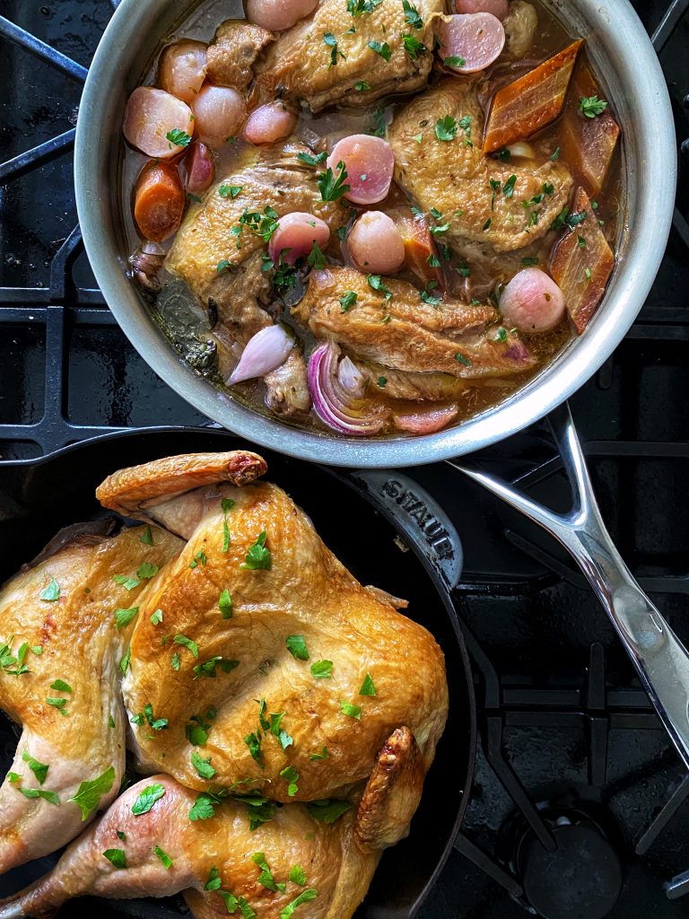 coq au vin rose and classic roast chicken