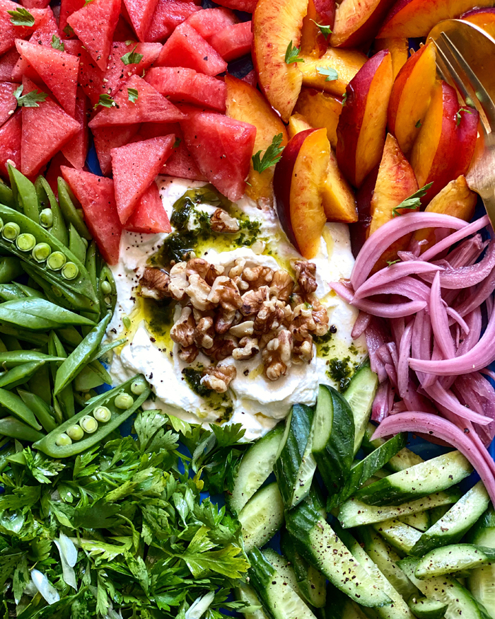 whipped feta with vegetable crudites and fruit