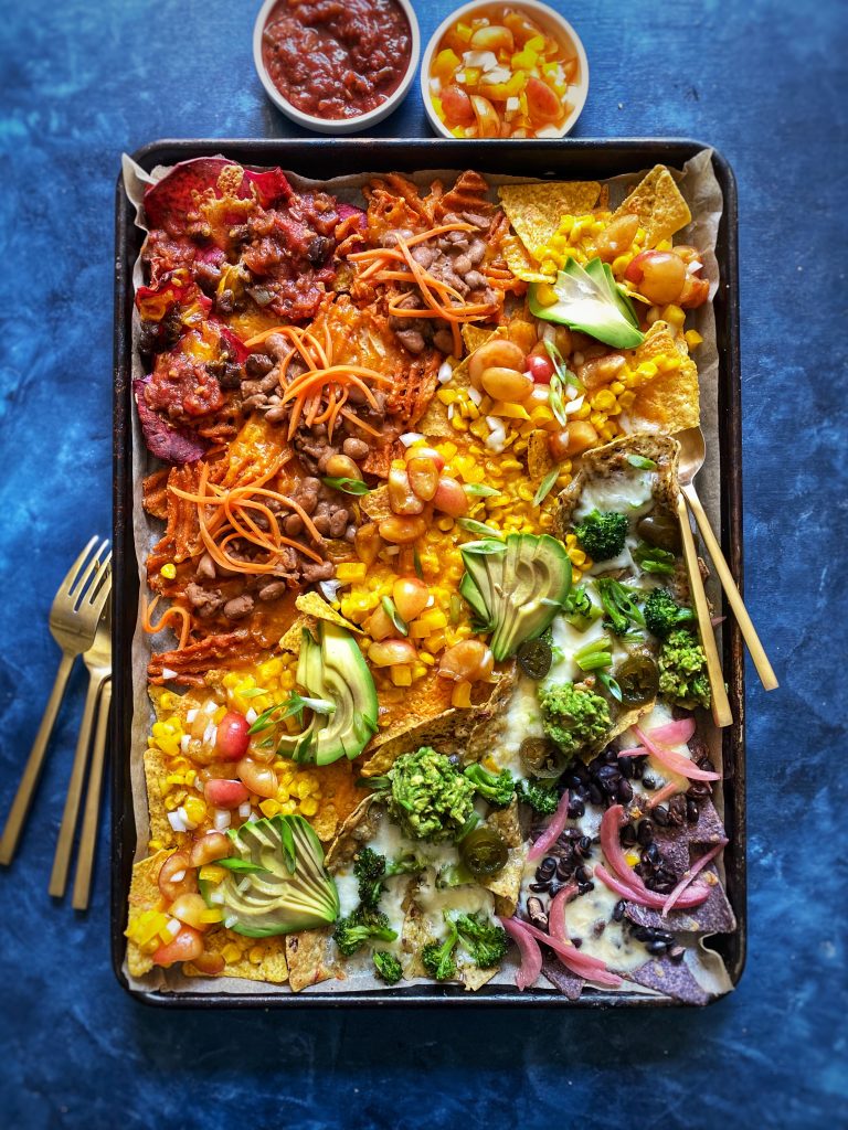 rainbow sheetpan nachos