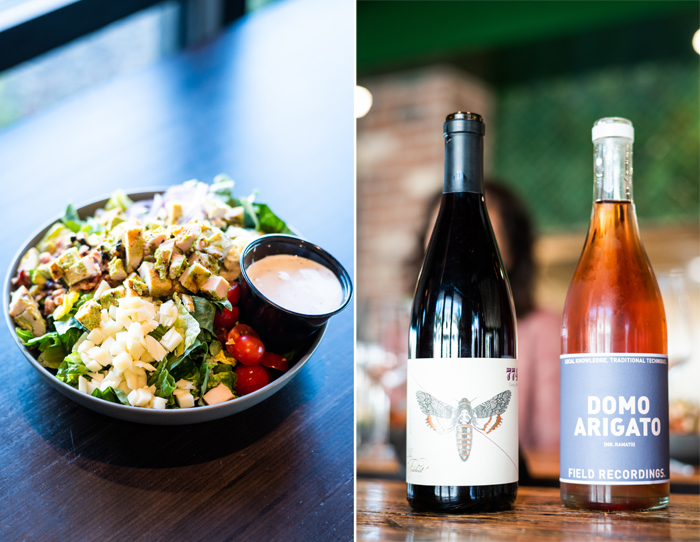 cobb salad, pinor noir red wine bottle and rose wine bottle